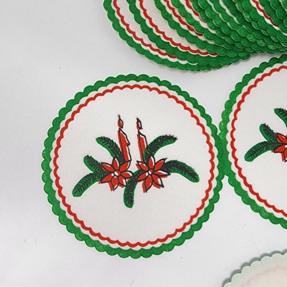Vintage Christmas Paper Coasters Scalloped Green and Red Candlesticks Lot of 37 - Picture 3 of 3
